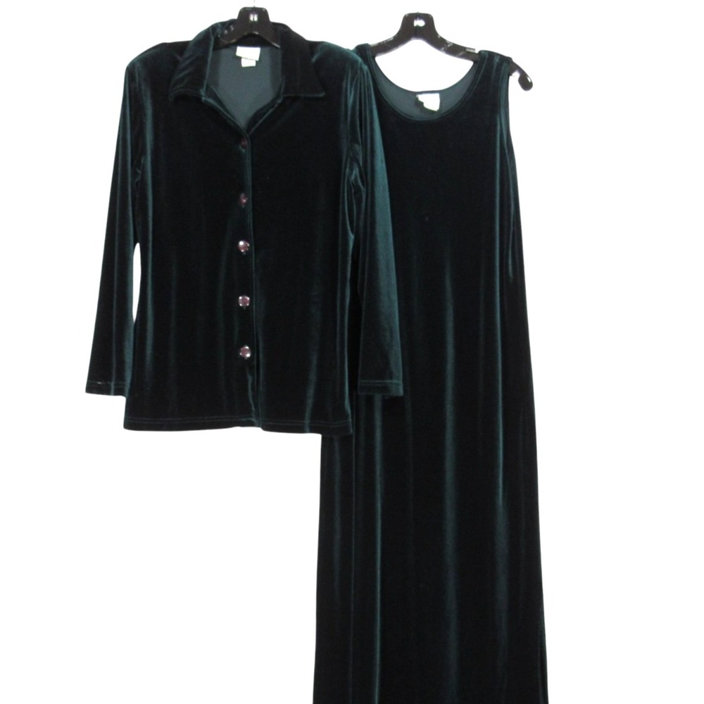 VTG DONNA Dark Green VELVET Side Slit BUTTON-UP 2pc SET Jacket Top/Shift Dress M